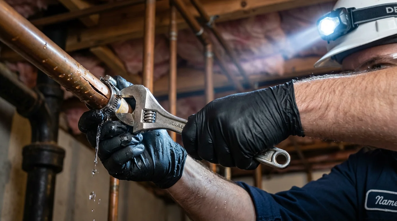 Emergency pipe clamp repair being performed by a Johns Plumbing LLC plumber in Hart