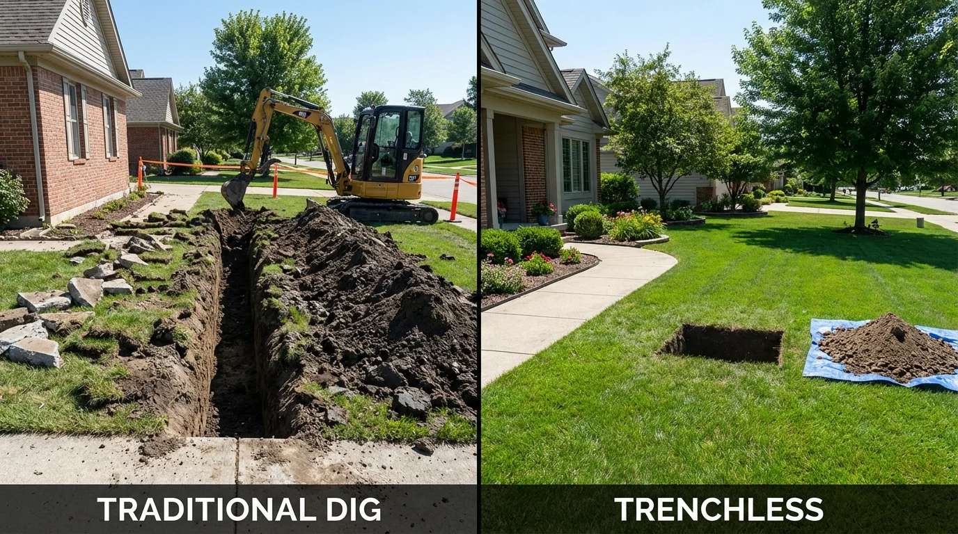 Trenchless sewer repair with minimal yard damage versus traditional excavation in Hart, TX