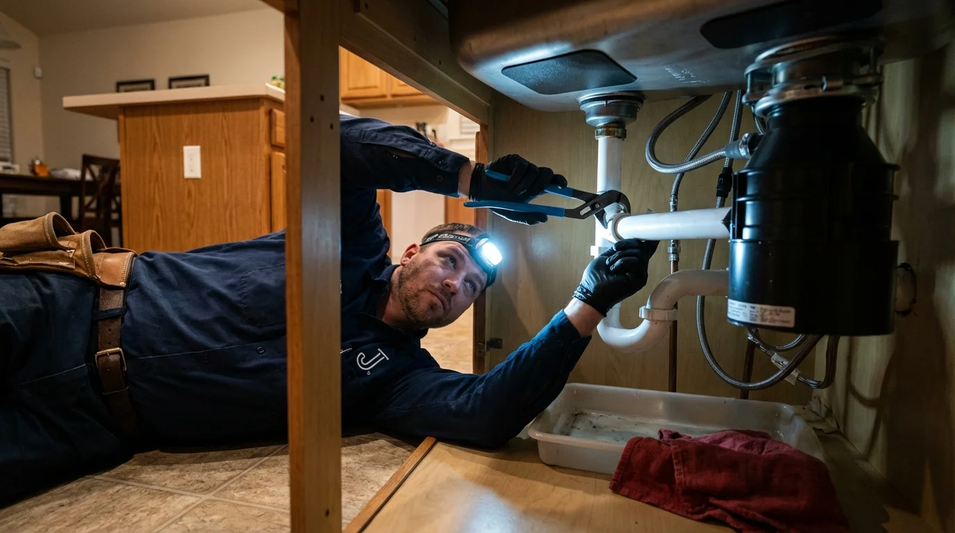 P-trap and supply line connections under a kitchen sink showing a common leak point in Hart, TX